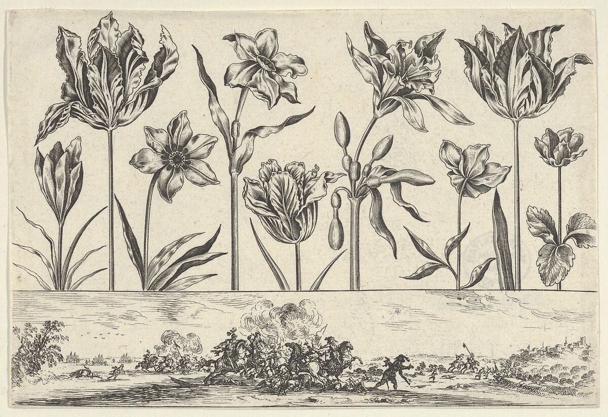 Horizontal Panel with a Row of Flowers Above a Frieze with a Battle Scene in a Landscape, from "Livre Nouveau de Fleurs Tres-Util", Nicolas Cochin (French, Troyes 1610–1686 Paris), Etching and burin 
