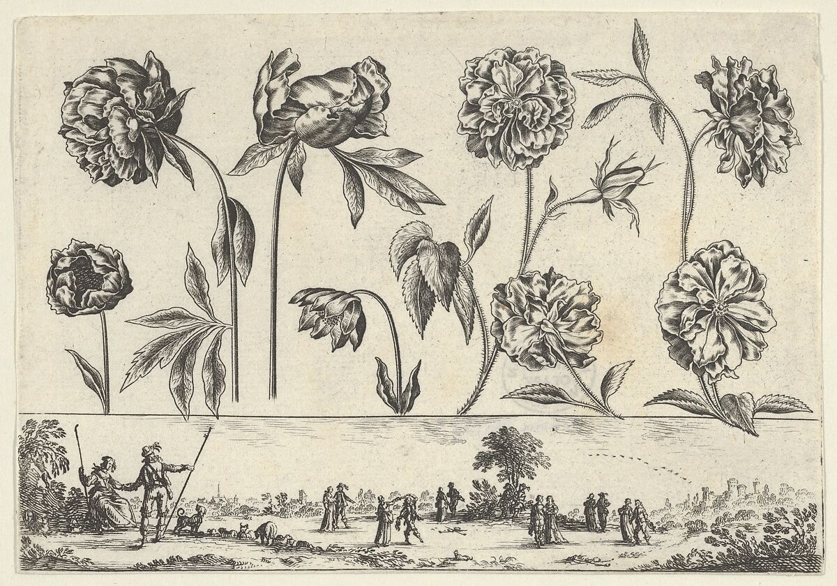 Horizontal Panel with a Row of Flowers Above a Frieze with Figures in a Landscape, from Livre Nouveau de Fleurs Tres-Util, Nicolas Cochin (French, Troyes 1610–1686 Paris), Etching and burin 