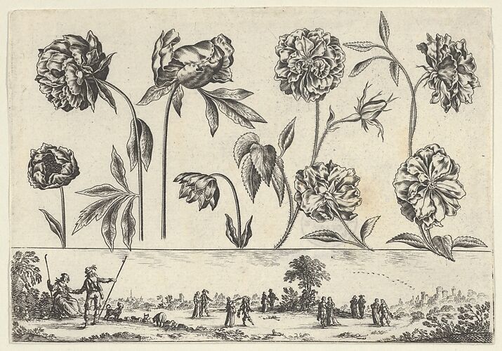 Horizontal Panel with a Row of Flowers Above a Frieze with Figures in a Landscape, from Livre Nouveau de Fleurs Tres-Util