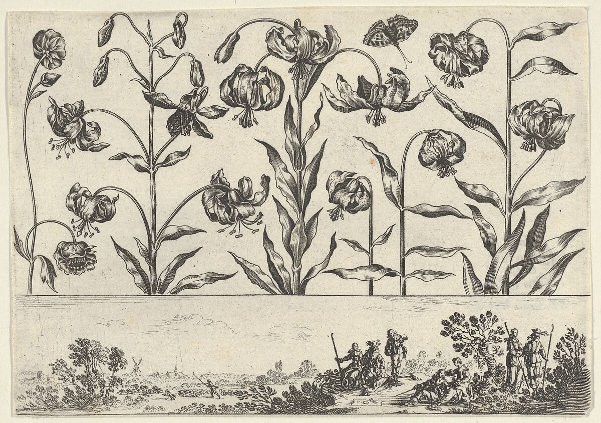 Horizontal Panel with a Row of Flowers Above a Frieze with Figures in a Landscape, from Livre Nouveau de Fleurs Tres-Util, Nicolas Cochin (French, Troyes 1610–1686 Paris), Etching and burin 