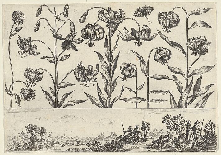 Horizontal Panel with a Row of Flowers Above a Frieze with Figures in a Landscape, from Livre Nouveau de Fleurs Tres-Util