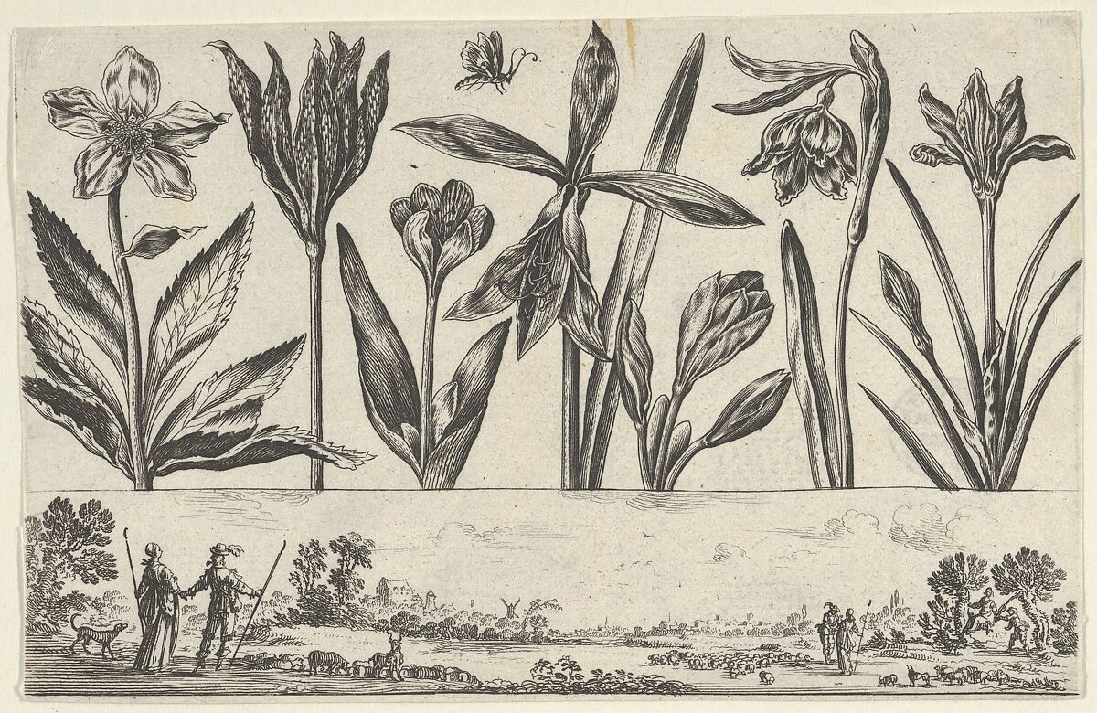 Horizontal Panel with a Row of Flowers Above a Frieze with Figures in a Landscape, from Livre Nouveau de Fleurs Tres-Util, Nicolas Cochin (French, Troyes 1610–1686 Paris), Etching and burin 