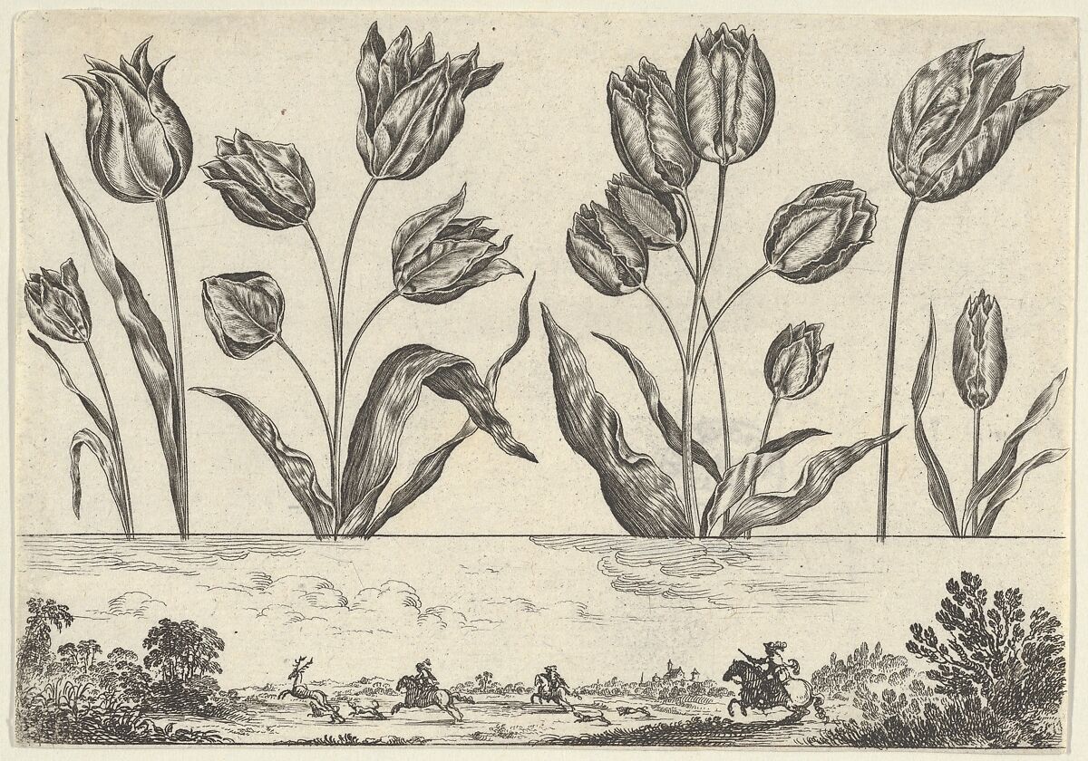 Horizontal Panel with a Row of Flowers Above a Frieze with a Hunting Scene in a Landscape, from Livre Nouveau de Fleurs Tres-Util, Nicolas Cochin (French, Troyes 1610–1686 Paris), Etching and burin 