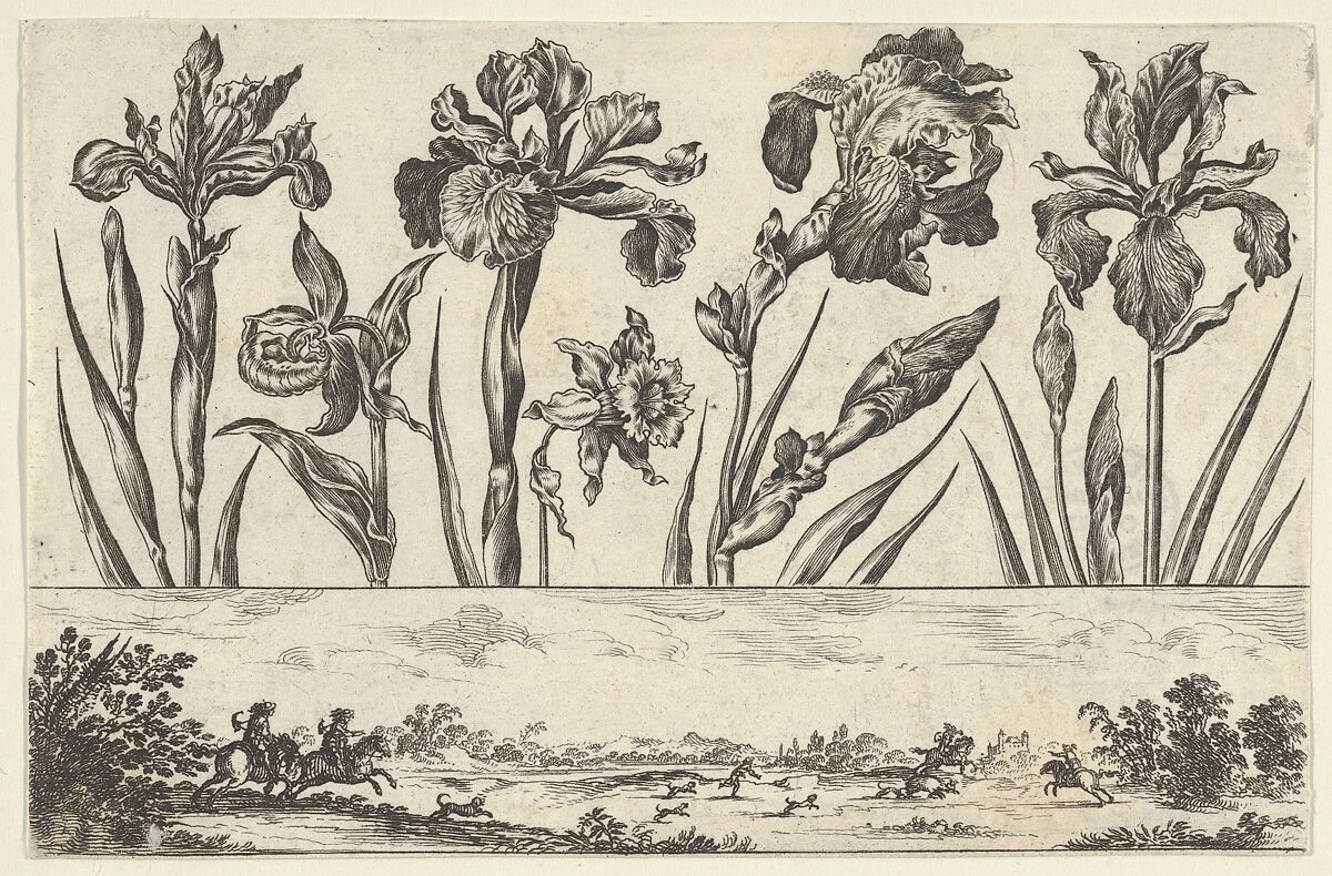 Horizontal Panel with a Row of Flowers Above a Frieze with a Hunting Scene in a Landscape, from Livre Nouveau de Fleurs Tres-Util, Nicolas Cochin  French, Etching and burin