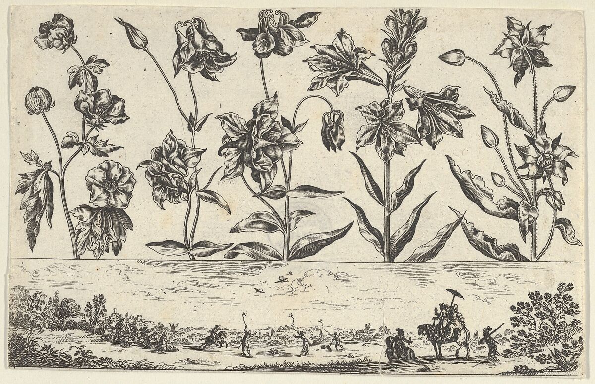 Horizontal Panel with a Row of Flowers Above a Frieze with a Hunting Scene in a Landscape, from Livre Nouveau de Fleurs Tres-Util, Nicolas Cochin (French, Troyes 1610–1686 Paris), Etching and burin 