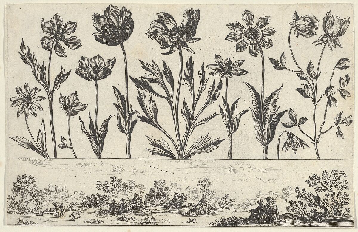 Horizontal Panel with a Row of Flowers Above a Frieze with Figures in a Landscape, from Livre Nouveau de Fleurs Tres-Util, Nicolas Cochin (French, Troyes 1610–1686 Paris), Etching and burin 