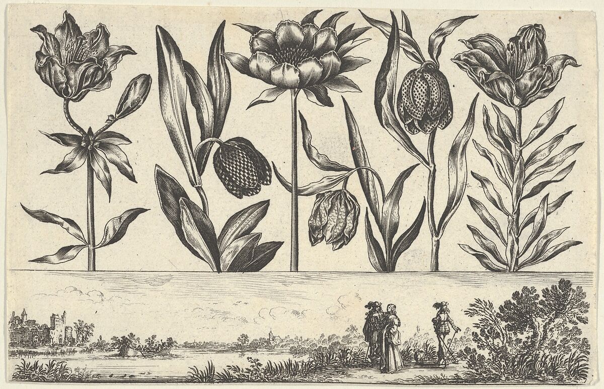 Horizontal Panel with a Row of Flowers Above a Frieze with Figures in a Landscape, from Livre Nouveau de Fleurs Tres-Util, Nicolas Cochin (French, Troyes 1610–1686 Paris), Etching and burin 