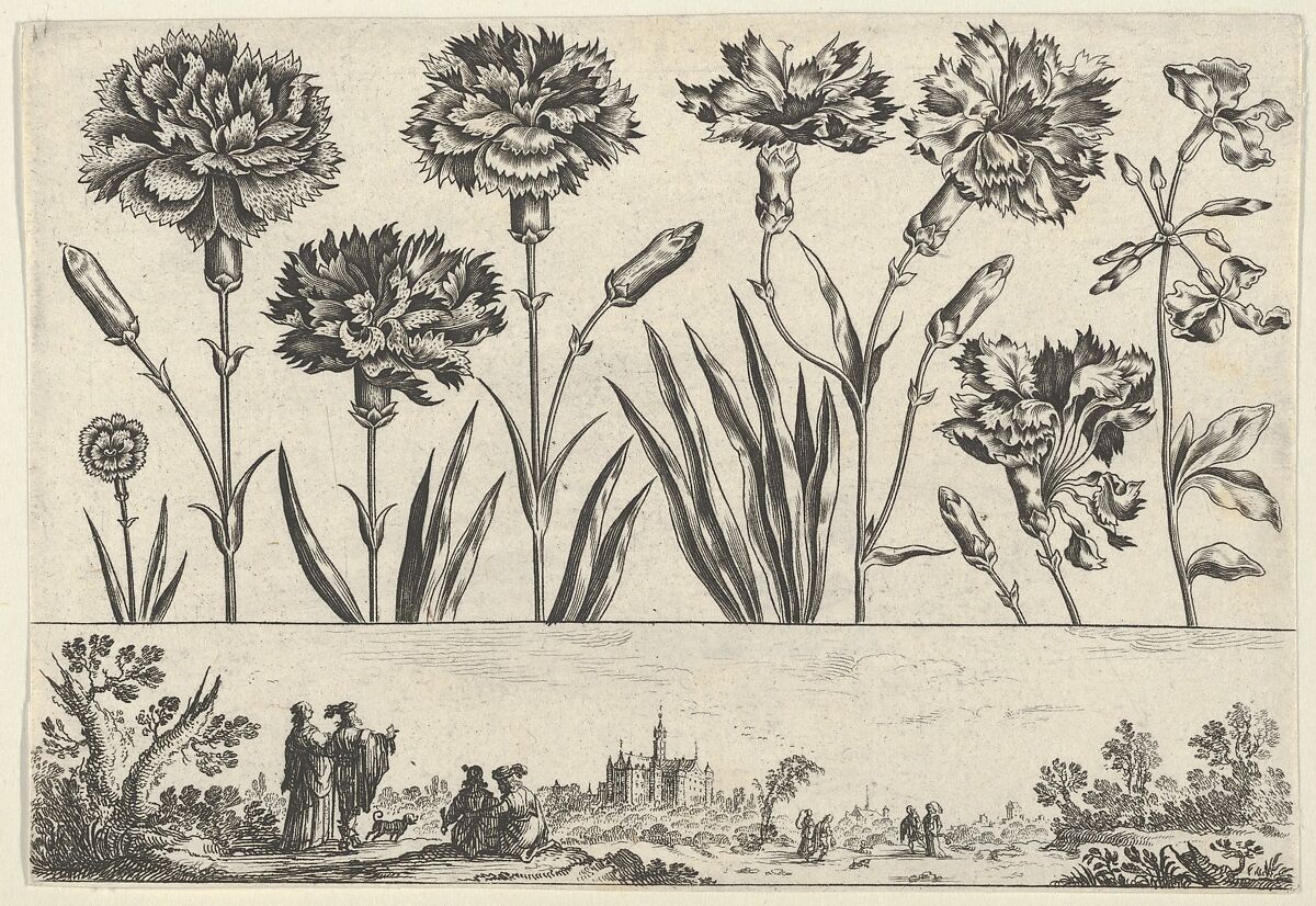 Horizontal Panel with a Row of Flowers Above a Frieze with Figures in a Landscape, from "Livre Nouveau de Fleurs Tres-Util", Nicolas Cochin (French, Troyes 1610–1686 Paris), Etching and burin 