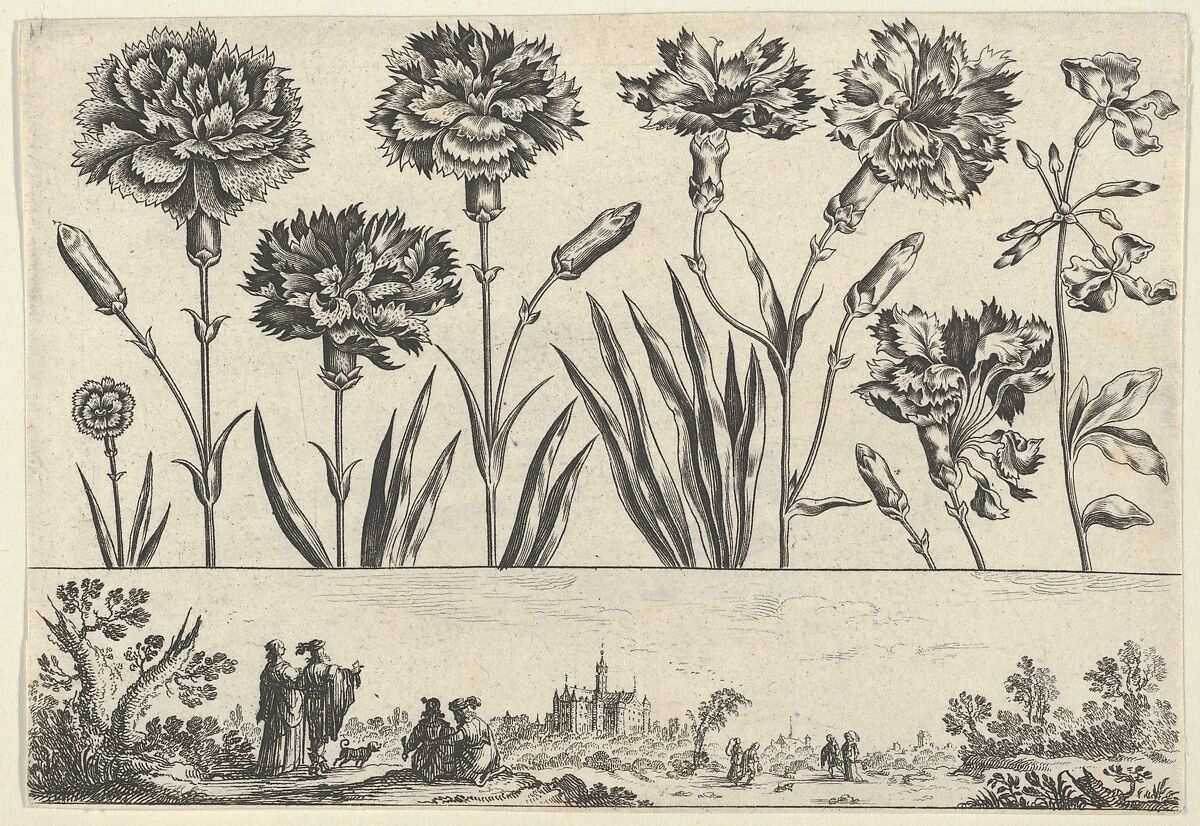 Horizontal Panel with a Row of Flowers Above a Frieze with Figures in a Landscape, from "Livre Nouveau de Fleurs Tres-Util", Nicolas Cochin  French, Etching and burin