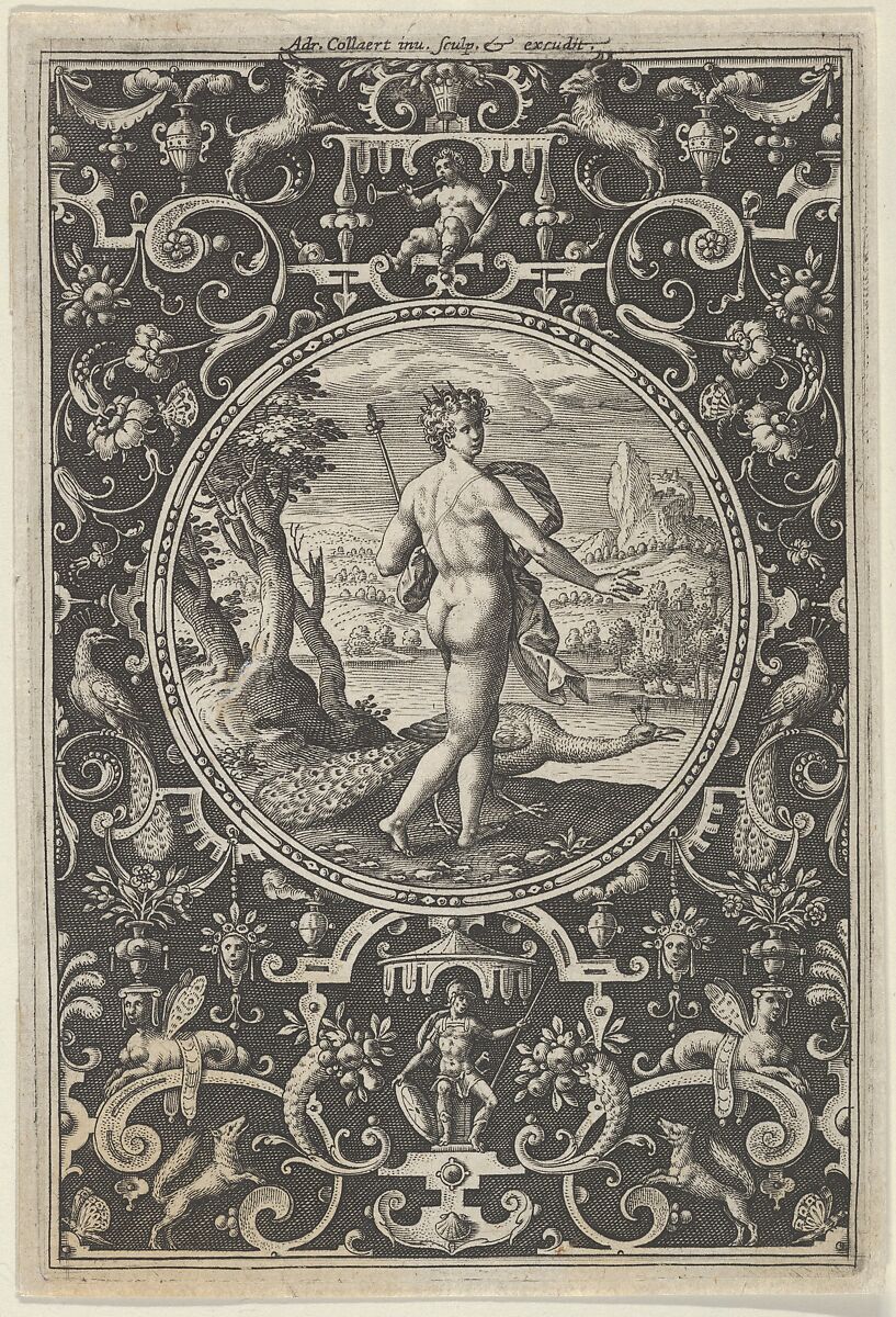 Juno in a Decorative Frame with Grotesques, from the Judgment of Paris, Adriaen Collaert (Netherlandish, Antwerp ca. 1560–1618 Antwerp), Engraving 
