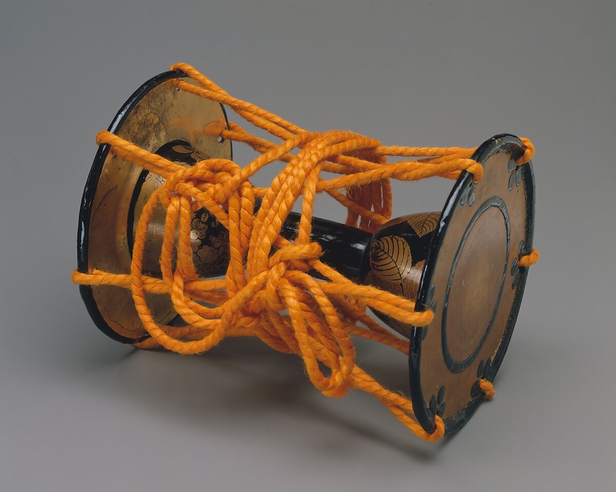 Small Shoulder Drum (Kotsuzumi) with Hydrangeas for Noh Performance, Lacquered wood with gold hiramaki-e; leather and silk, Japan 