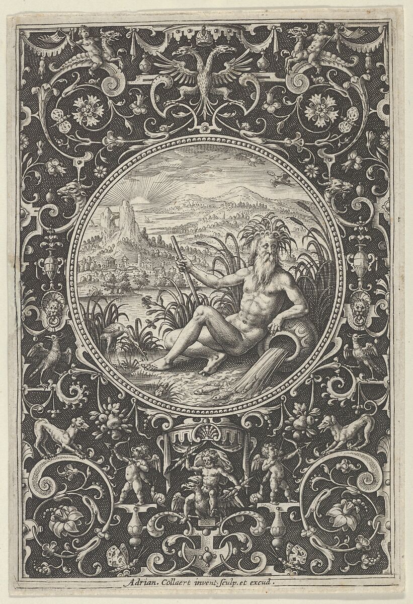 Neptune in a Decorative Frame with Grotesques, from the Judgment of Paris, Adriaen Collaert (Netherlandish, Antwerp ca. 1560–1618 Antwerp), Engraving 