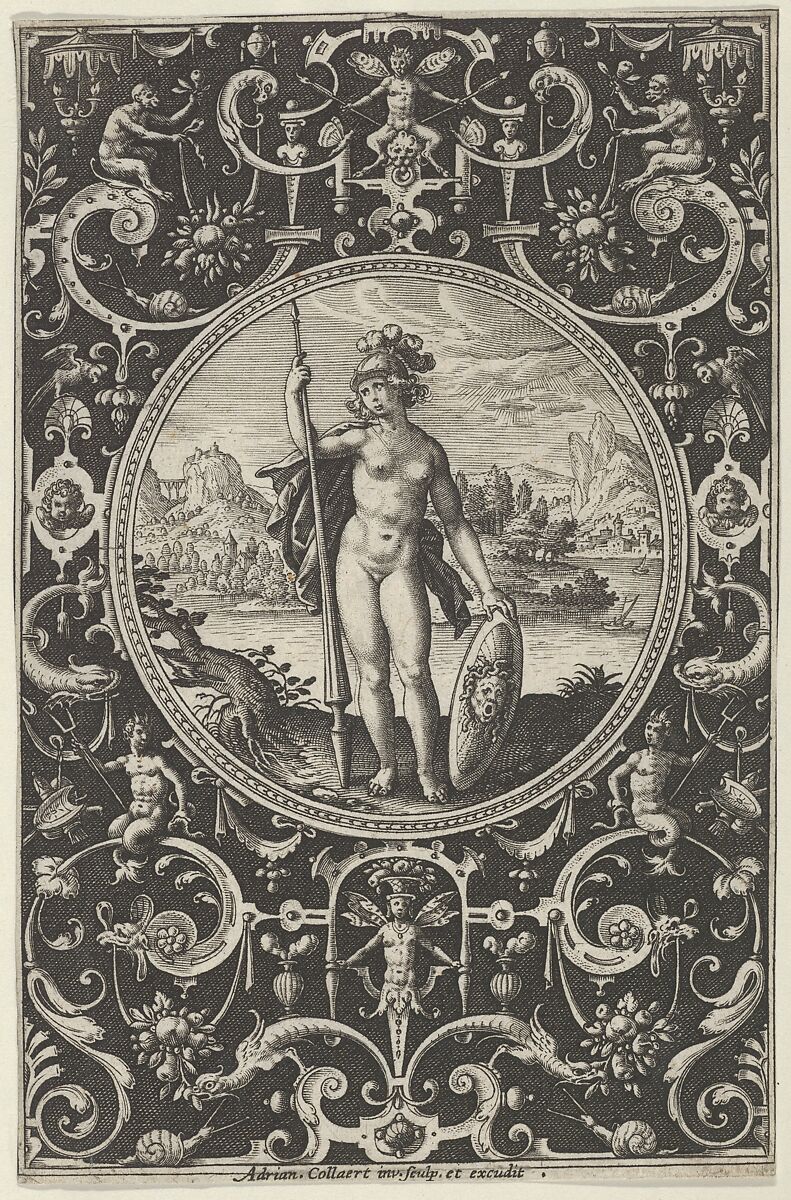 Minerva in a Decorative Frame with Grotesques, from the Judgment of Paris, Adriaen Collaert (Netherlandish, Antwerp ca. 1560–1618 Antwerp), Engraving 
