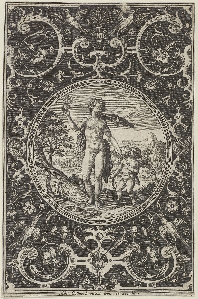 Venus and Cupid in a Decorative Frame with Grotesques, from the Judgment of Paris, Adriaen Collaert (Netherlandish, Antwerp ca. 1560–1618 Antwerp), Engraving 