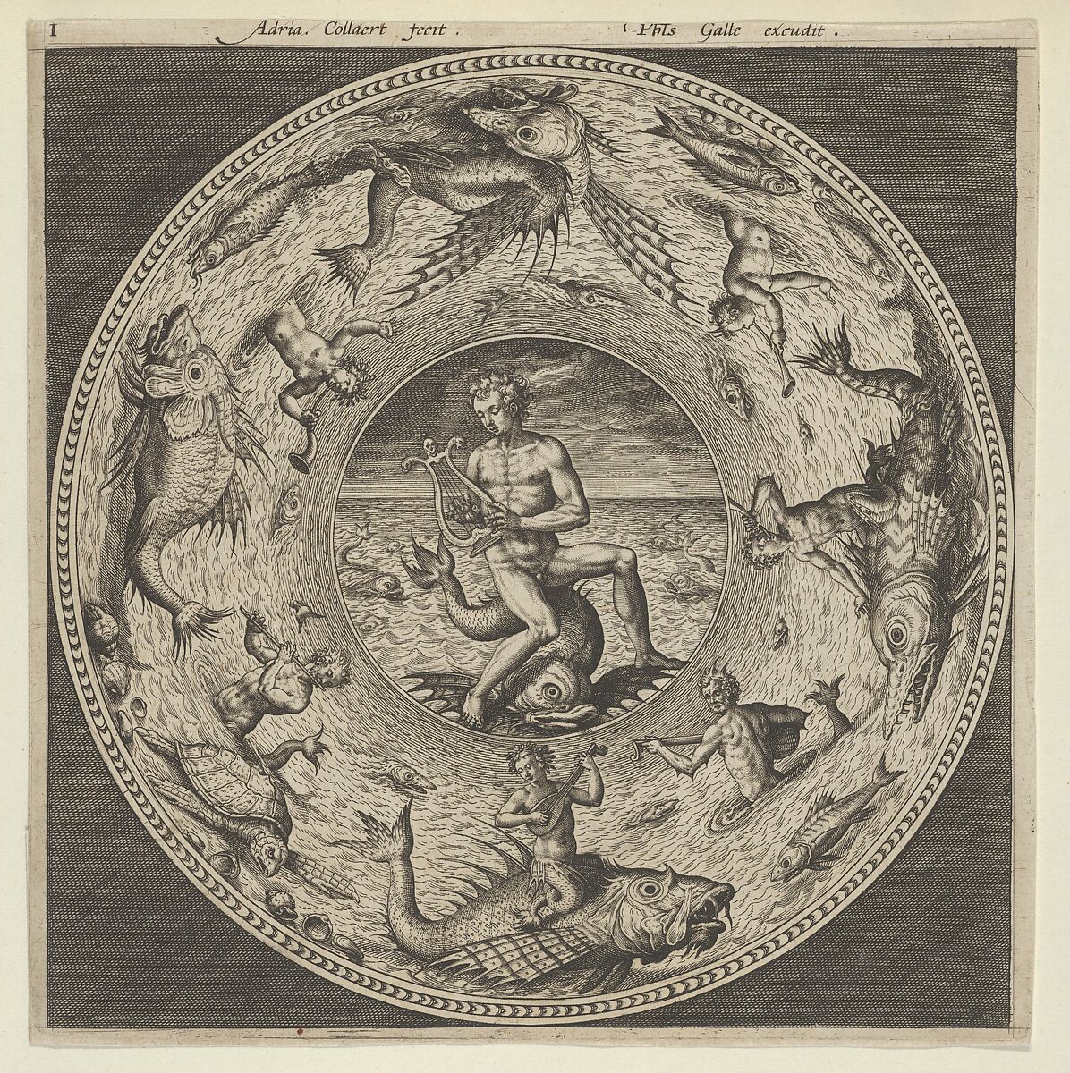Design for a Plate with Arion Riding a Dolphin in a Medallion Bordered by Sea Monsters, Adriaen Collaert (Netherlandish, Antwerp ca. 1560–1618 Antwerp), Engraving 