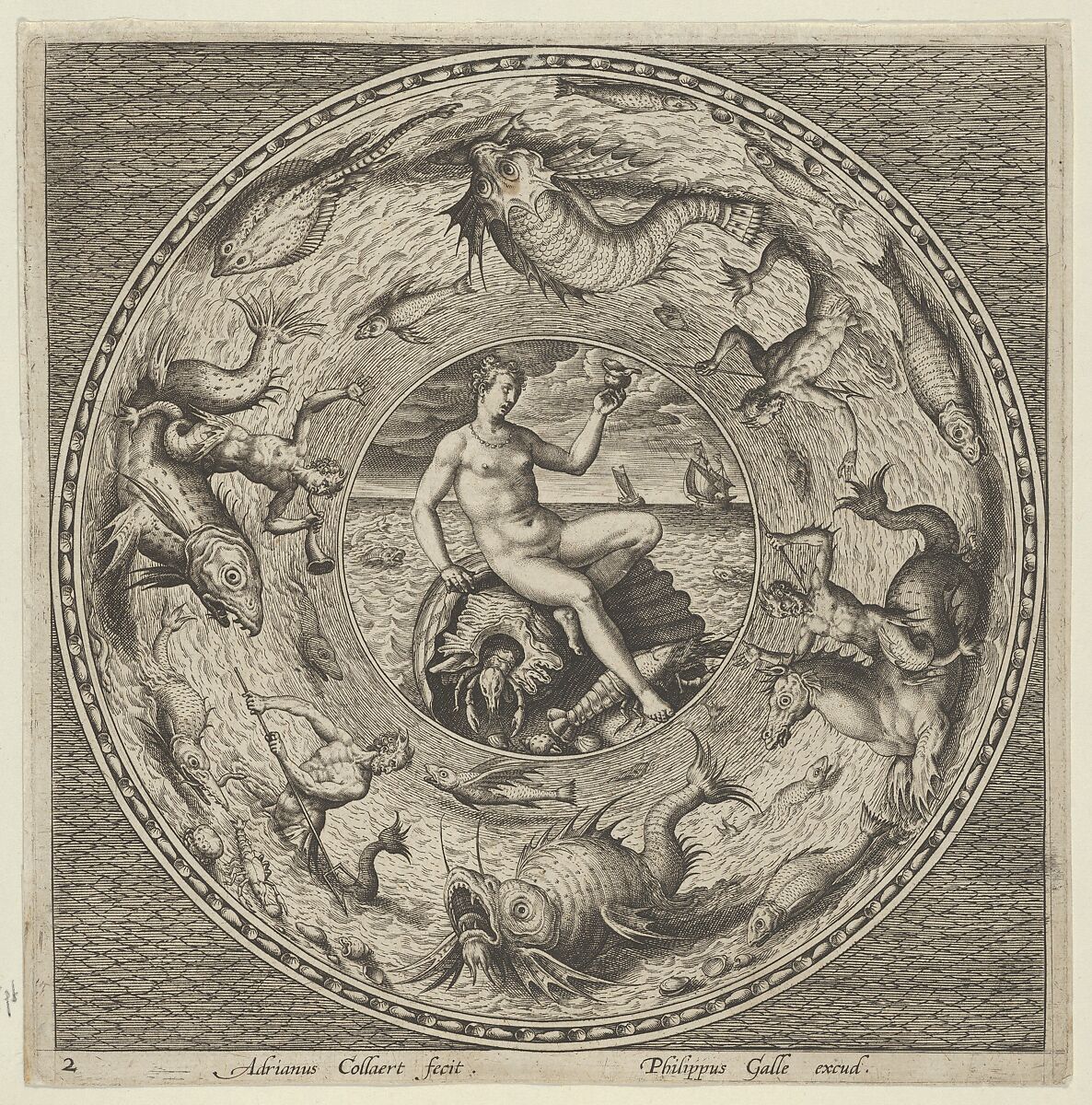 Design for a Plate with Thetis on a Shell in a Medallion Bordered by Sea Monsters, Adriaen Collaert (Netherlandish, Antwerp ca. 1560–1618 Antwerp), Engraving 