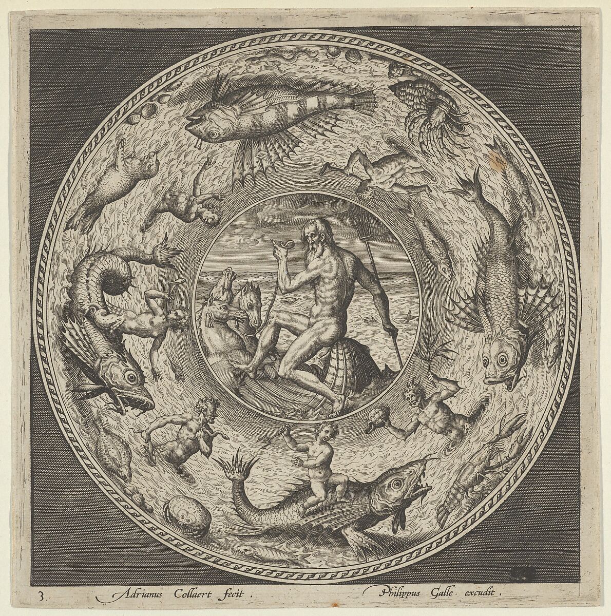 Design for a Plate with Neptune in a Shell Drawn by Horses in a Medallion Bordered by Sea Monsters, Adriaen Collaert (Netherlandish, Antwerp ca. 1560–1618 Antwerp), Engraving 