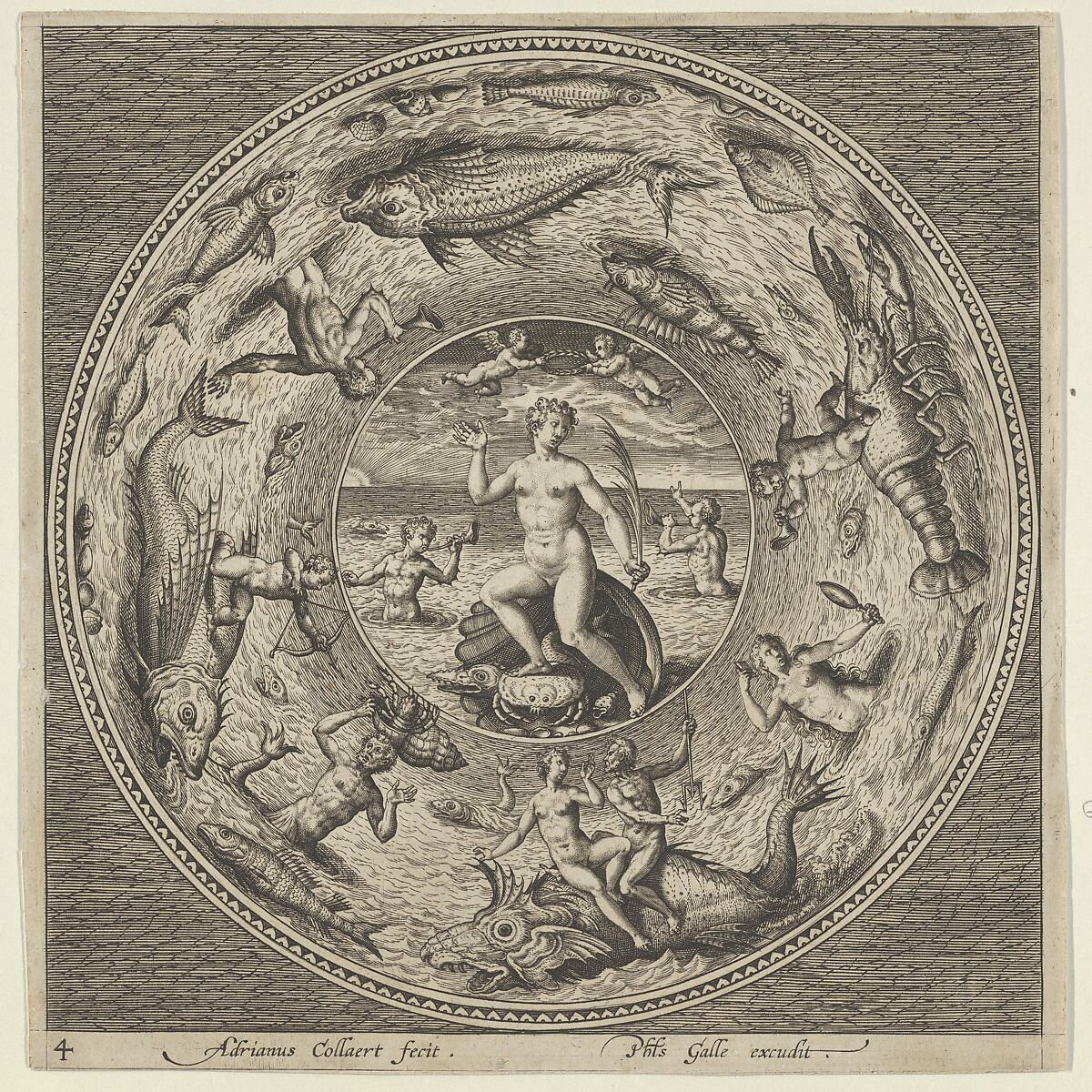 Design for a Plate with Galatea on a Shell Flanked by Trumpeters in a Medallion Bordered by Sea Monsters, Adriaen Collaert (Netherlandish, Antwerp ca. 1560–1618 Antwerp), Engraving 