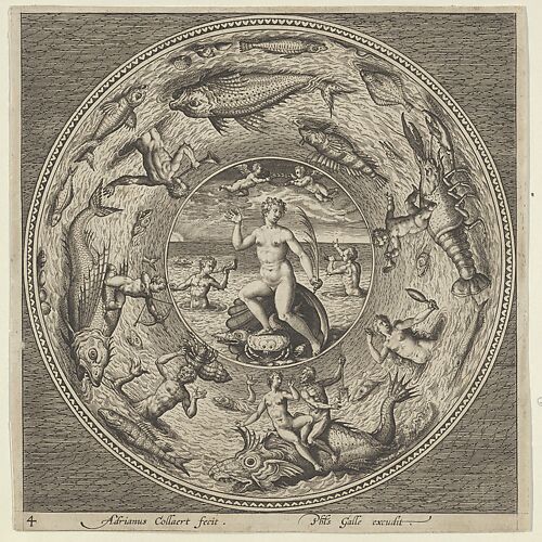 Design for a Plate with Galatea on a Shell Flanked by Trumpeters in a Medallion Bordered by Sea Monsters