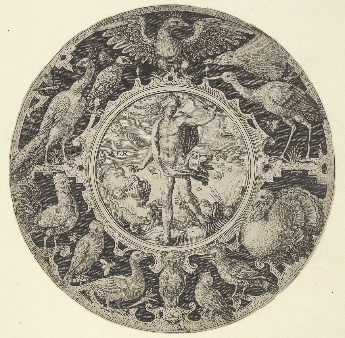 'Aer' in a Decorative Border with Birds, from a Series of Circular Designs with the Four Elements, Crispijn de Passe the Elder (Netherlandish, Arnemuiden 1564–1637 Utrecht), Engraving 