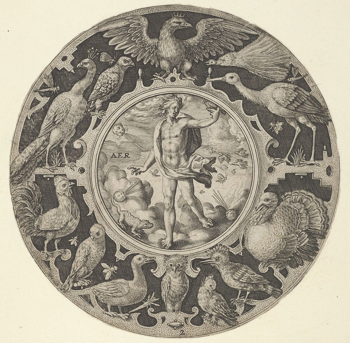 Crispijn de Passe the Elder | 'Aer' in a Decorative Border with Birds ...