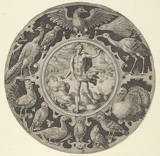 'Aer' in a Decorative Border with Birds, from a Series of Circular Designs with the Four Elements