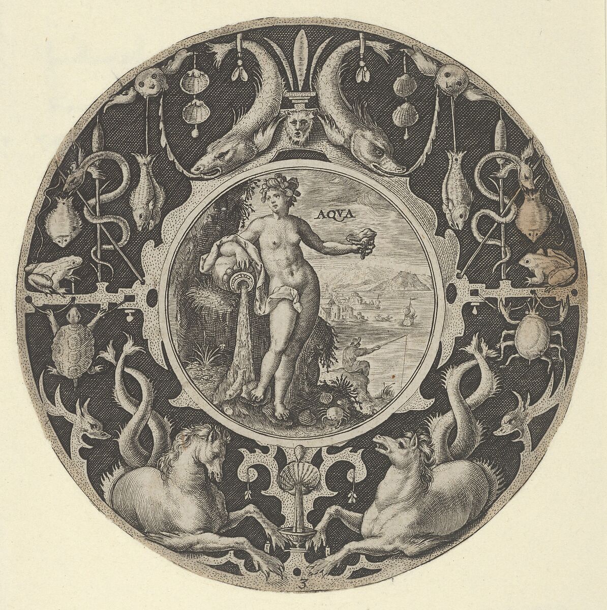 'Aqua' in a Decorative Border with Sea Creatures, from a Series of Circular Designs with the Four Elements, Crispijn de Passe the Elder (Netherlandish, Arnemuiden 1564–1637 Utrecht), Engraving 