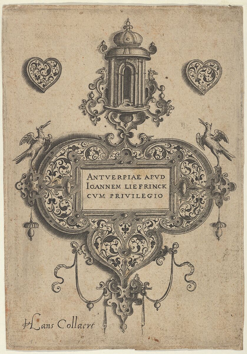 Title Plate, from "Pendant Designs with Architectural Elements and Vegetal-Arabesques", Jan Collaert I (Netherlandish, Antwerp ca. 1530–1581 Antwerp), Engraving and blackwork; first state of three (New Hollstein) 