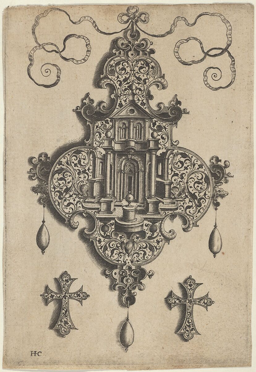 Pendant Design with a Temple and Vase Above Cross-Shaped Ornaments, Jan Collaert I (Netherlandish, Antwerp ca. 1530–1581 Antwerp), Engraving and blackwork; first state of two (New Hollstein) 
