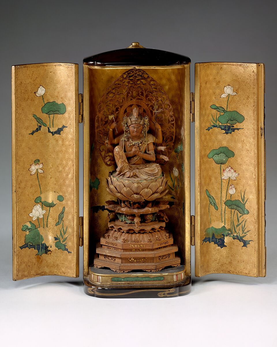 Portable Shrine with Batō, Horse-Headed Kannon (Hayagriva Avalokiteshvara), Fruitwood with cut-out gold; lacquered case with maki-e decoration, Japan 