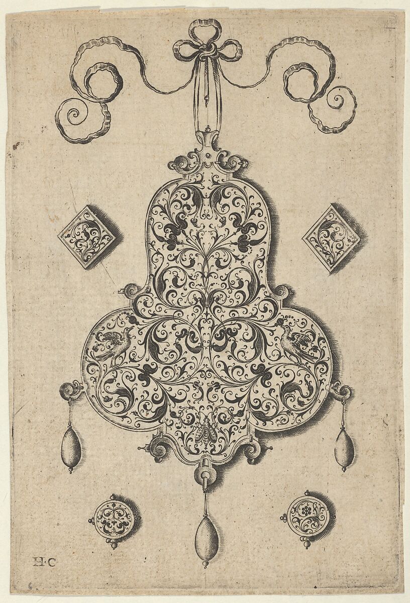 Design for the Verso of a Pear-Shaped Pendant Flanked by Lozenge Ornaments and Circular Ornaments Below, Jan Collaert I (Netherlandish, Antwerp ca. 1530–1581 Antwerp), Engraving and blackwork; first state of two (New Hollstein) 