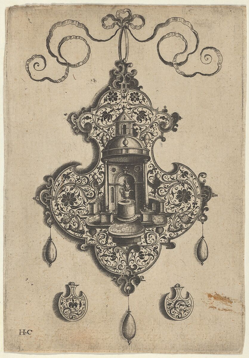 Pendant Design with a Circular Temple and Burning Pot Above Axe-Shaped Ornaments, Jan Collaert I (Netherlandish, Antwerp ca. 1530–1581 Antwerp), Engraving and blackwork; first state of two (New Hollstein) 