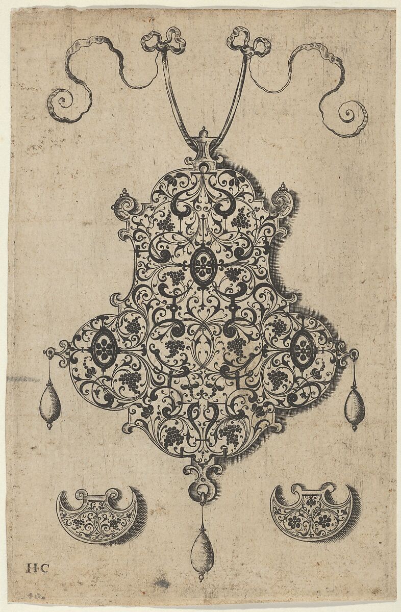 Design for the Verso of a Pendant with Grapevines Above Axe-Shaped Ornaments, Jan Collaert I (Netherlandish, Antwerp ca. 1530–1581 Antwerp), Engraving and blackwork; first state of two (New Hollstein) 