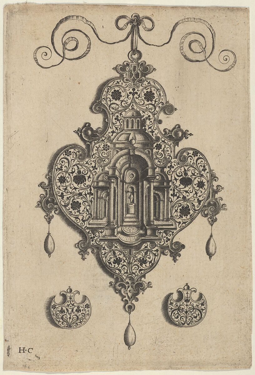 Pendant Design with a Domed Church and Urn Above Axe-Shaped Ornaments, Jan Collaert I (Netherlandish, Antwerp ca. 1530–1581 Antwerp), Engraving and blackwork; first state of two (New Hollstein) 