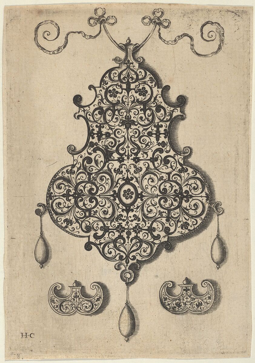 Design for the Verso of a Pendant with an Oval Motif Between Strapwork, Jan Collaert I (Netherlandish, Antwerp ca. 1530–1581 Antwerp), Engraving and blackwork; first state of two (New Hollstein) 