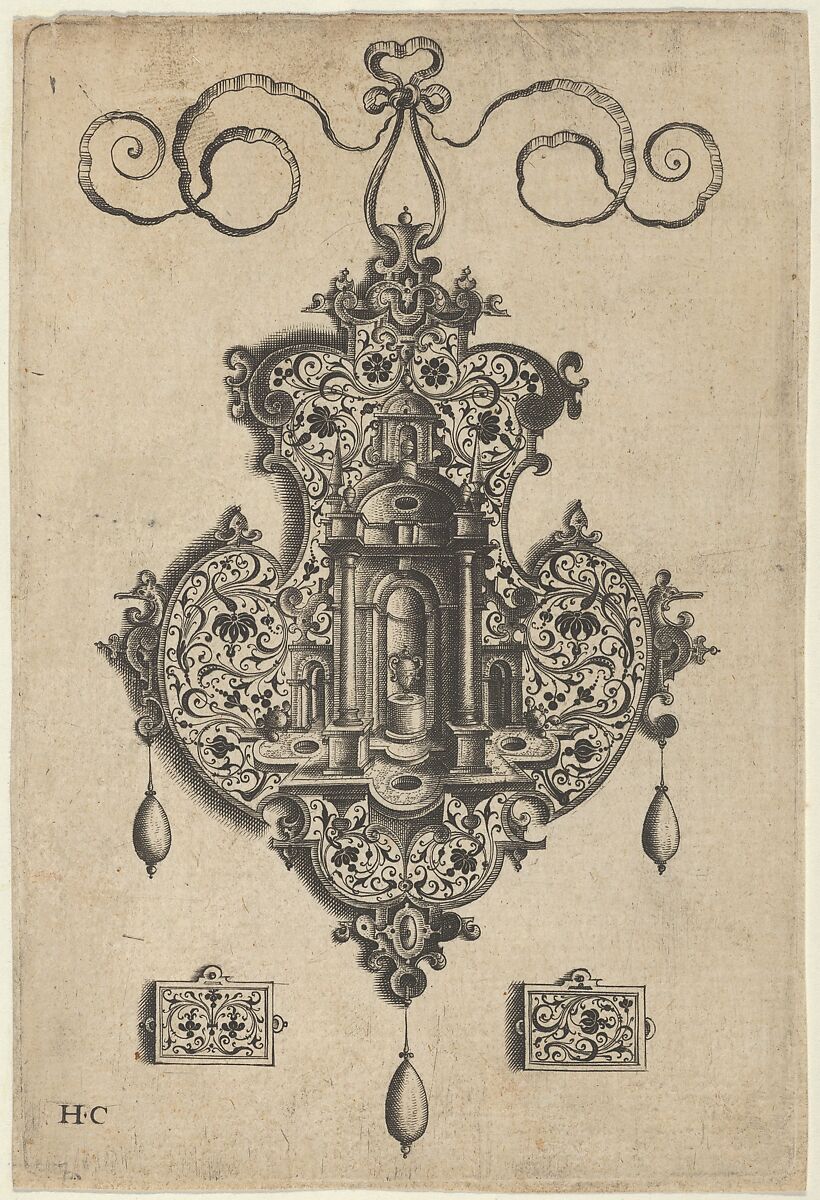 Pendant Design with Niche and a Vase with Two Handles Above Rectangular Ornaments, Jan Collaert I (Netherlandish, Antwerp ca. 1530–1581 Antwerp), Engraving and blackwork; first state of two (New Hollstein) 