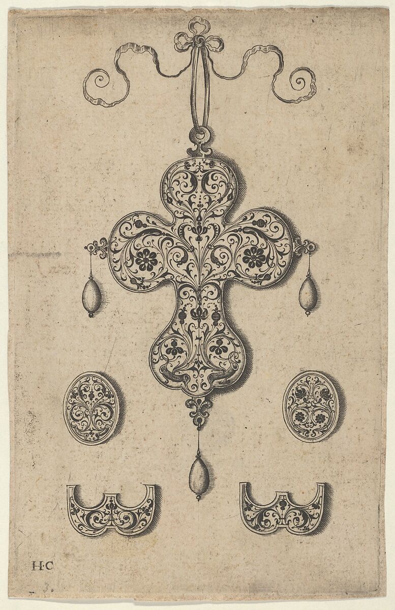 Design for the Verso of a Cross-Shaped Pendant Above a Pair of Oval Ornaments and Axe-Shaped Ornaments, Jan Collaert I (Netherlandish, Antwerp ca. 1530–1581 Antwerp), Engraving and blackwork; first state of two (New Hollstein) 
