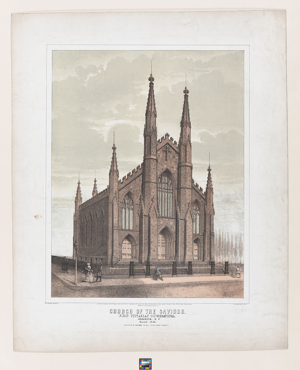 Church of the Saviour (First Unitarian Congregational), Brooklyn, Ezra Bisbee (American, born Sag Harbor, New York 1808, active 1820–56), Hand colored lithograph 