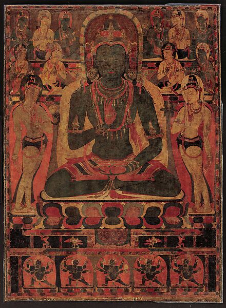 Amoghasiddhi, the Buddha of the Northern Pure Land, Mineral and organic pigments on cloth, Tibet 