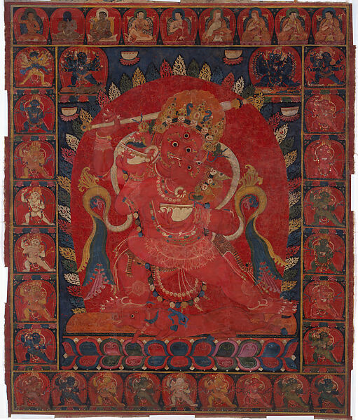 Raktayamari with His Consort Vajravetali, Distemper and gold on cloth, Central Tibet