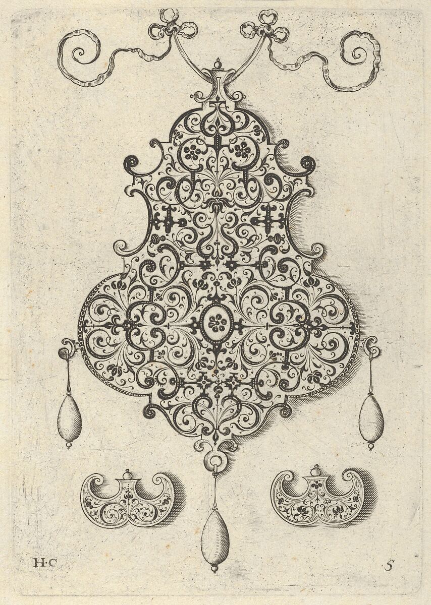 Design for the Verso of a Pendant with an Oval Motif Between Strapwork, Jan Collaert I (Netherlandish, Antwerp ca. 1530–1581 Antwerp), Engraving and blackwork; second state of two (New Hollstein) 