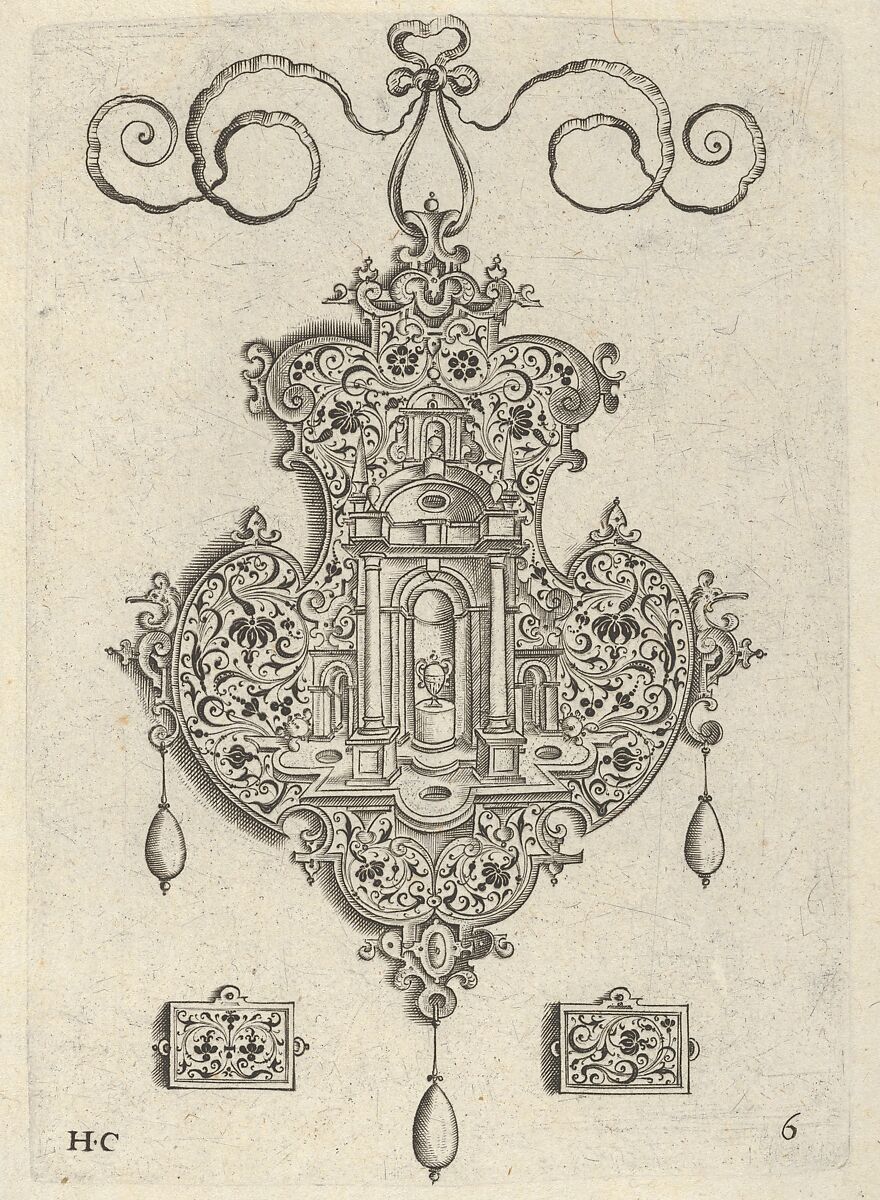 Pendant Design with Niche and a Vase with Two Handles Above Rectangular Ornaments, Jan Collaert I (Netherlandish, Antwerp ca. 1530–1581 Antwerp), Engraving and blackwork; second state of two (New Hollstein) 