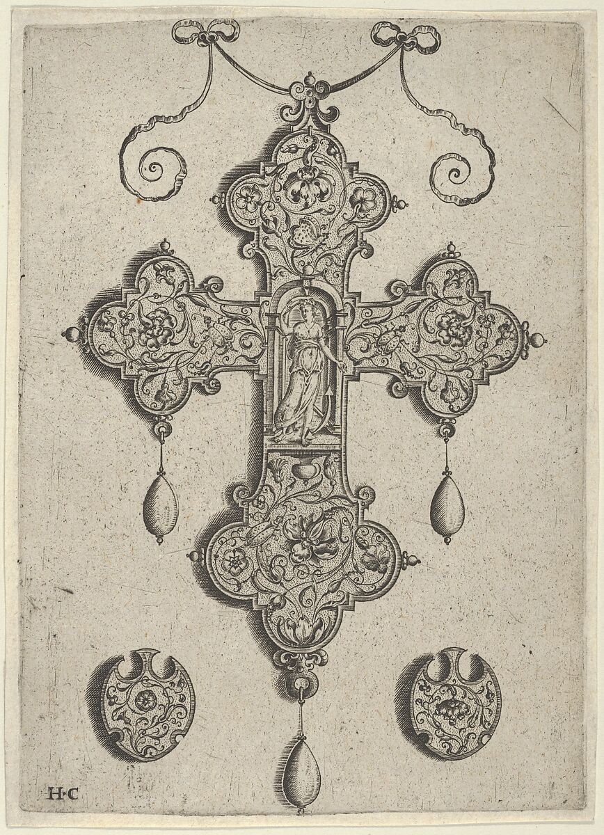 Cross-Shaped Pendant Design with Hope Standing in a Circular Temple, Jan Collaert I (Netherlandish, Antwerp ca. 1530–1581 Antwerp), Engraving; first state of two (New Hollstein) 