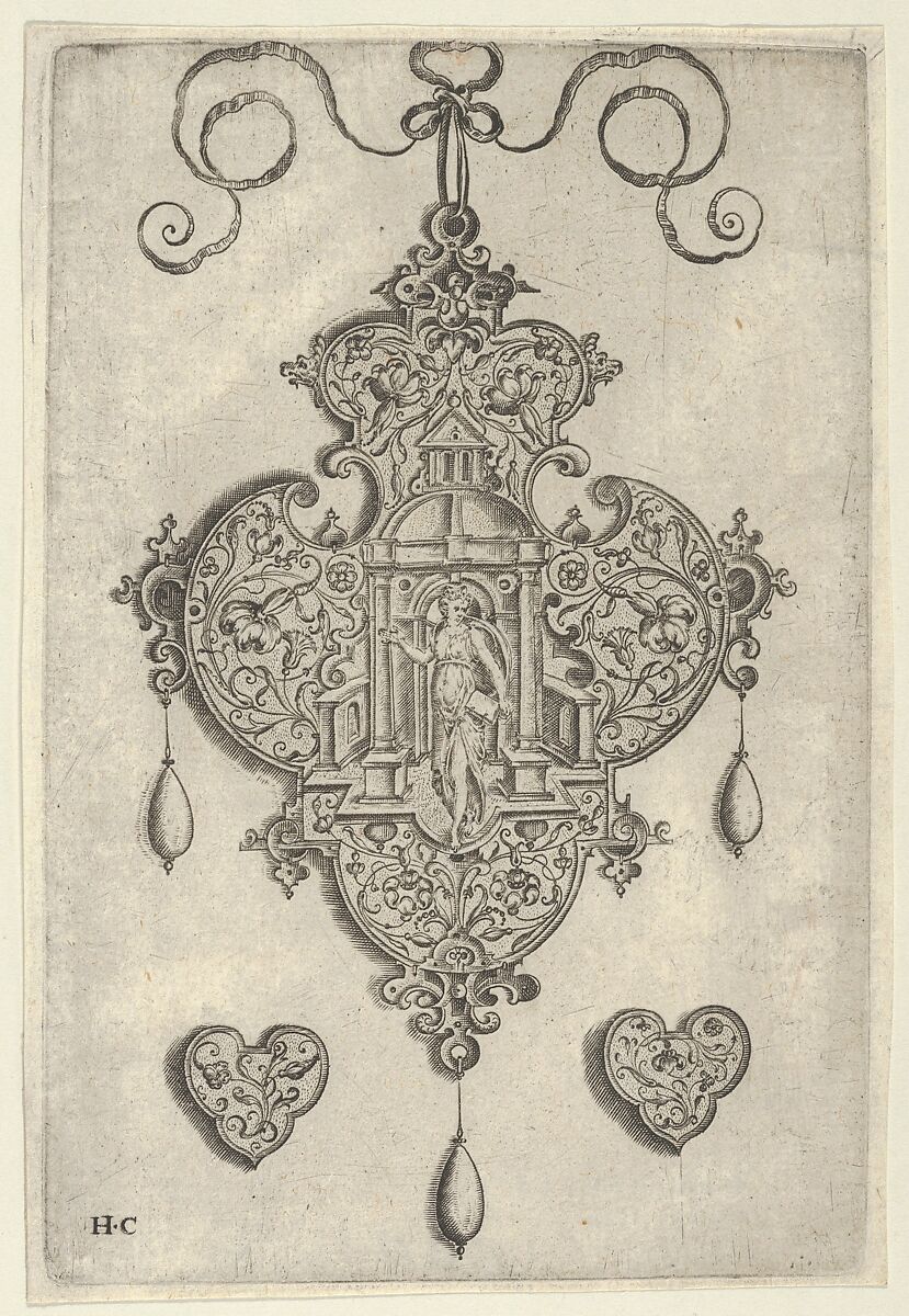 Pendant Design with Faith Standing in a Circular Temple, Jan Collaert I (Netherlandish, Antwerp ca. 1530–1581 Antwerp), Engraving; first state of two (New Hollstein) 