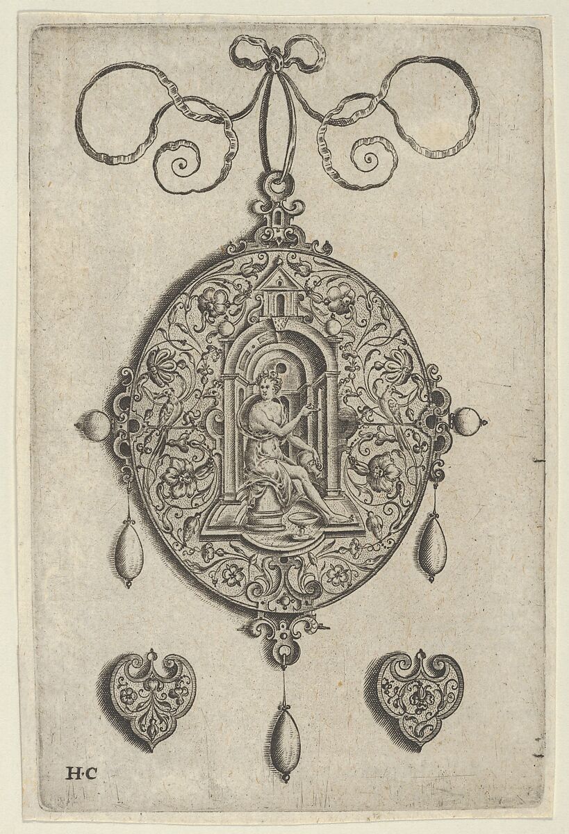 Oval-Shaped Pendant Design with Hebe Seated under a Niche, Jan Collaert I (Netherlandish, Antwerp ca. 1530–1581 Antwerp), Engraving; first state of two (New Hollstein) 