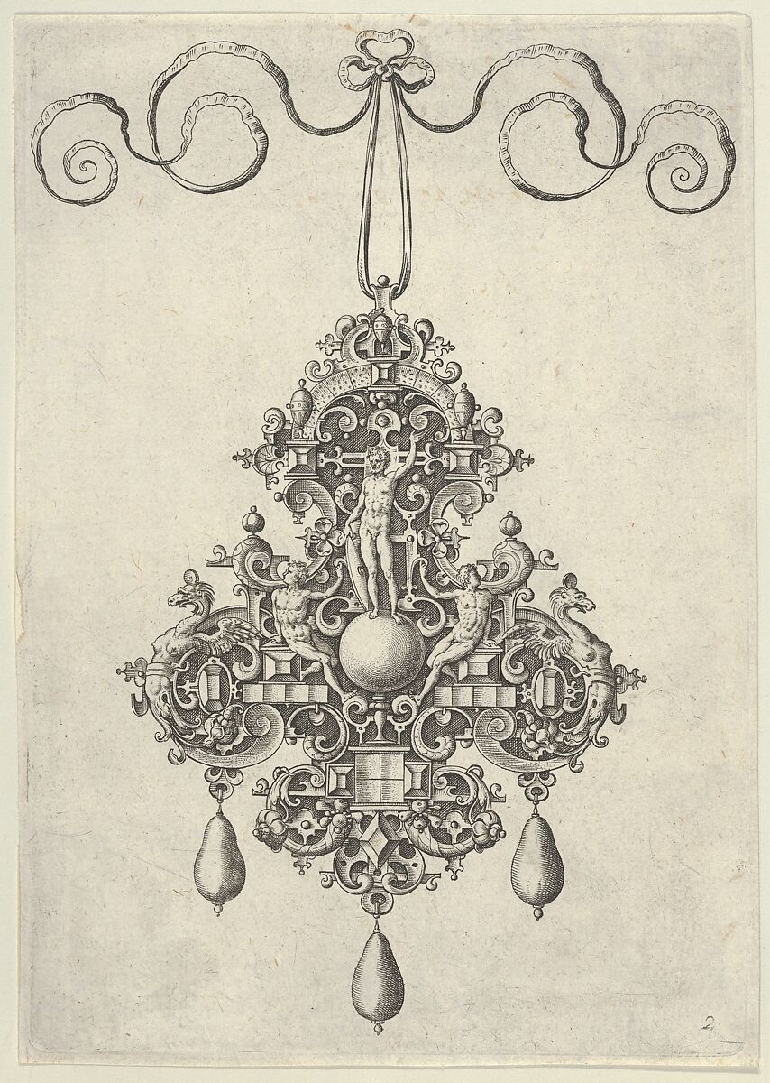 Pendant Design with a Male Diety with a Shield Flanked by Two Reclining Men, Jan Collaert I (Netherlandish, Antwerp ca. 1530–1581 Antwerp), Engraving; second state of two (New Hollstein) 