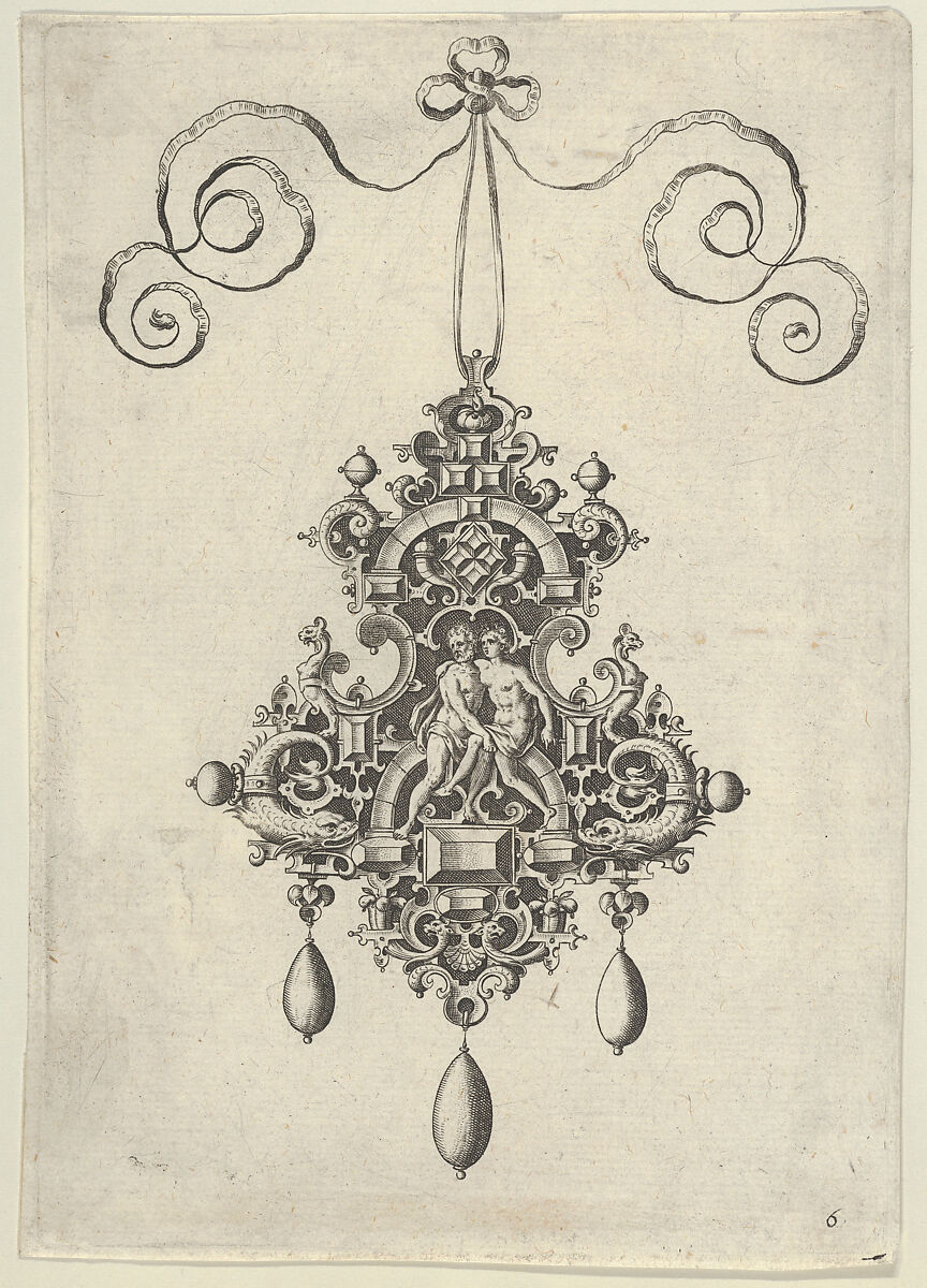 Pendant Design with a Couple at Center, Jan Collaert I (Netherlandish, Antwerp ca. 1530–1581 Antwerp), Engraving; second state of two (New Hollstein) 