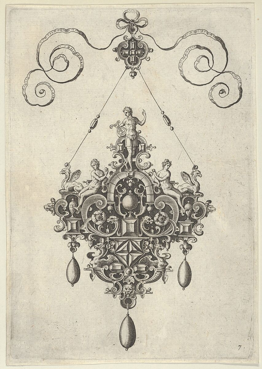 Pendant Design with Apollo Standing on an Arch Flanked by Female Figures Holding Fruit, Jan Collaert I (Netherlandish, Antwerp ca. 1530–1581 Antwerp), Engraving; second state of two (New Hollstein) 