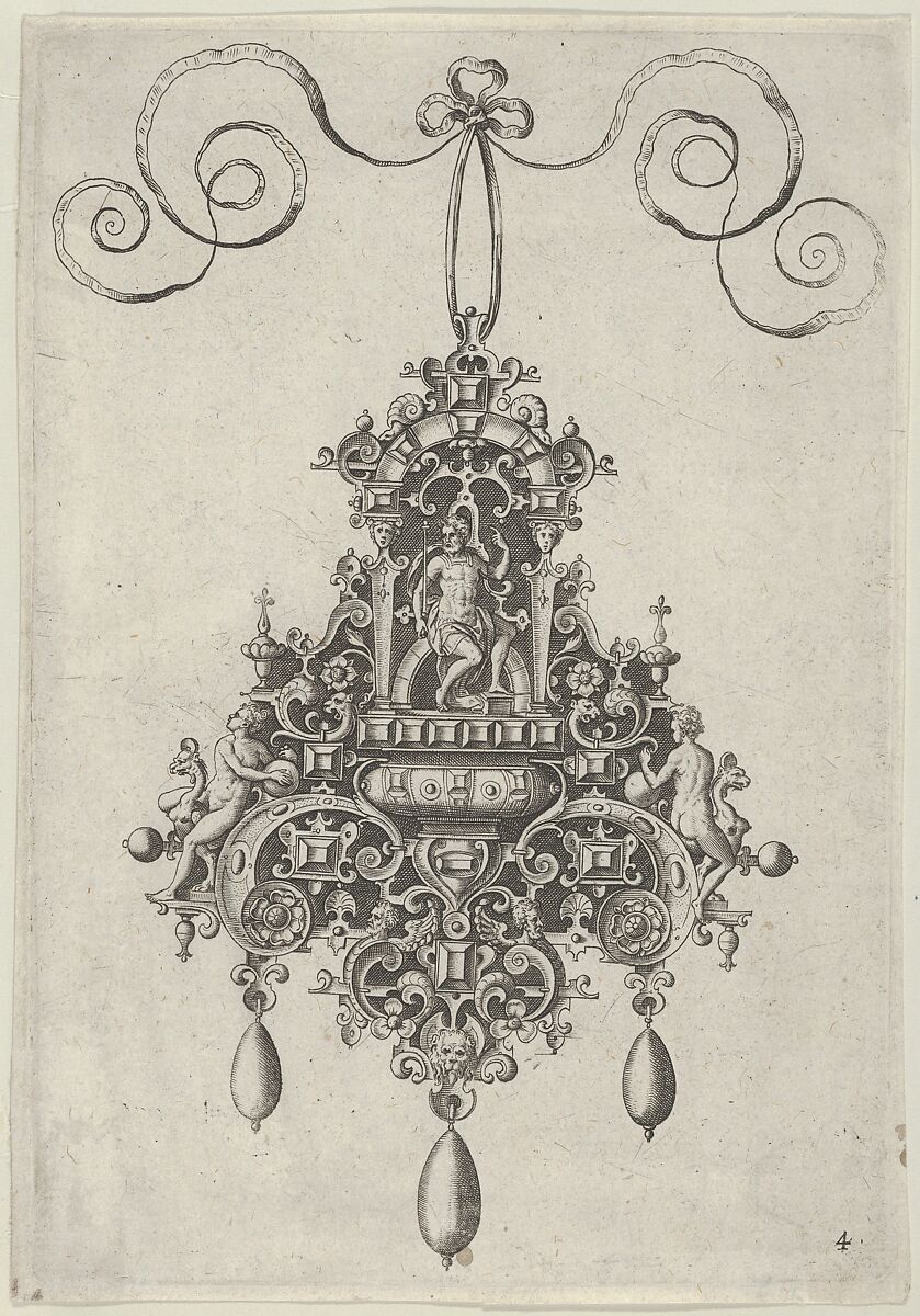 Pendant Design with Mars Seated Beneath an Arch, Jan Collaert I (Netherlandish, Antwerp ca. 1530–1581 Antwerp), Engraving; second state of two (New Hollstein) 