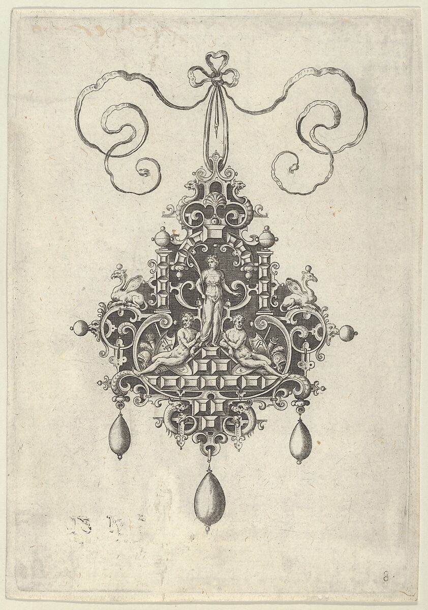 Pendant Design with a Peace-Goddess Flanked by Two Warriors, Jan Collaert I (Netherlandish, Antwerp ca. 1530–1581 Antwerp), Engraving; second state of two (New Hollstein) 